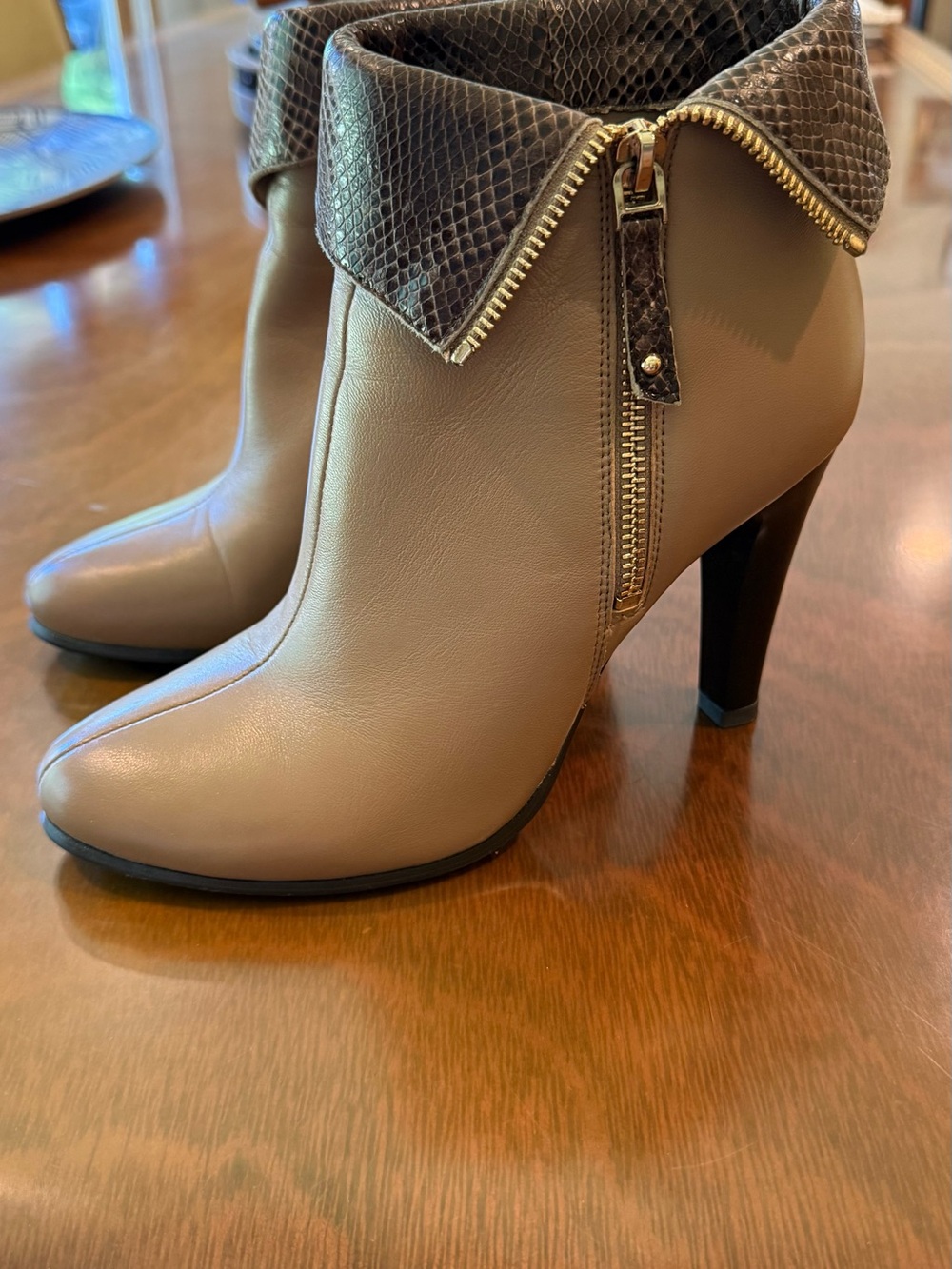 Fold-Over Leather Taupe Ankle Booties with Snakeskin Trim
